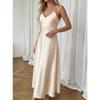 Women Satin Spaghetti Strap High Waist Solid Color Elegant Long A Line Dress