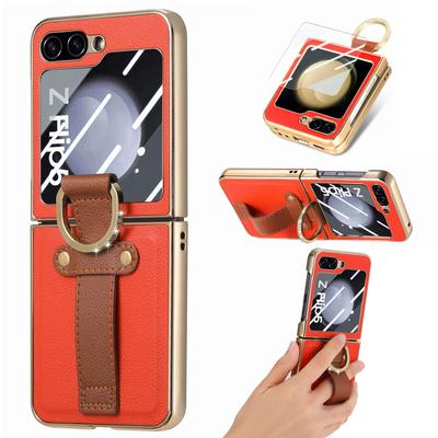 For Samsung Z Flip 5 Zflip5 Bling Ring Holder Leather Case for Samsung Galaxy Z Flip 5 Flip5 Best Protection Glass Film Cover