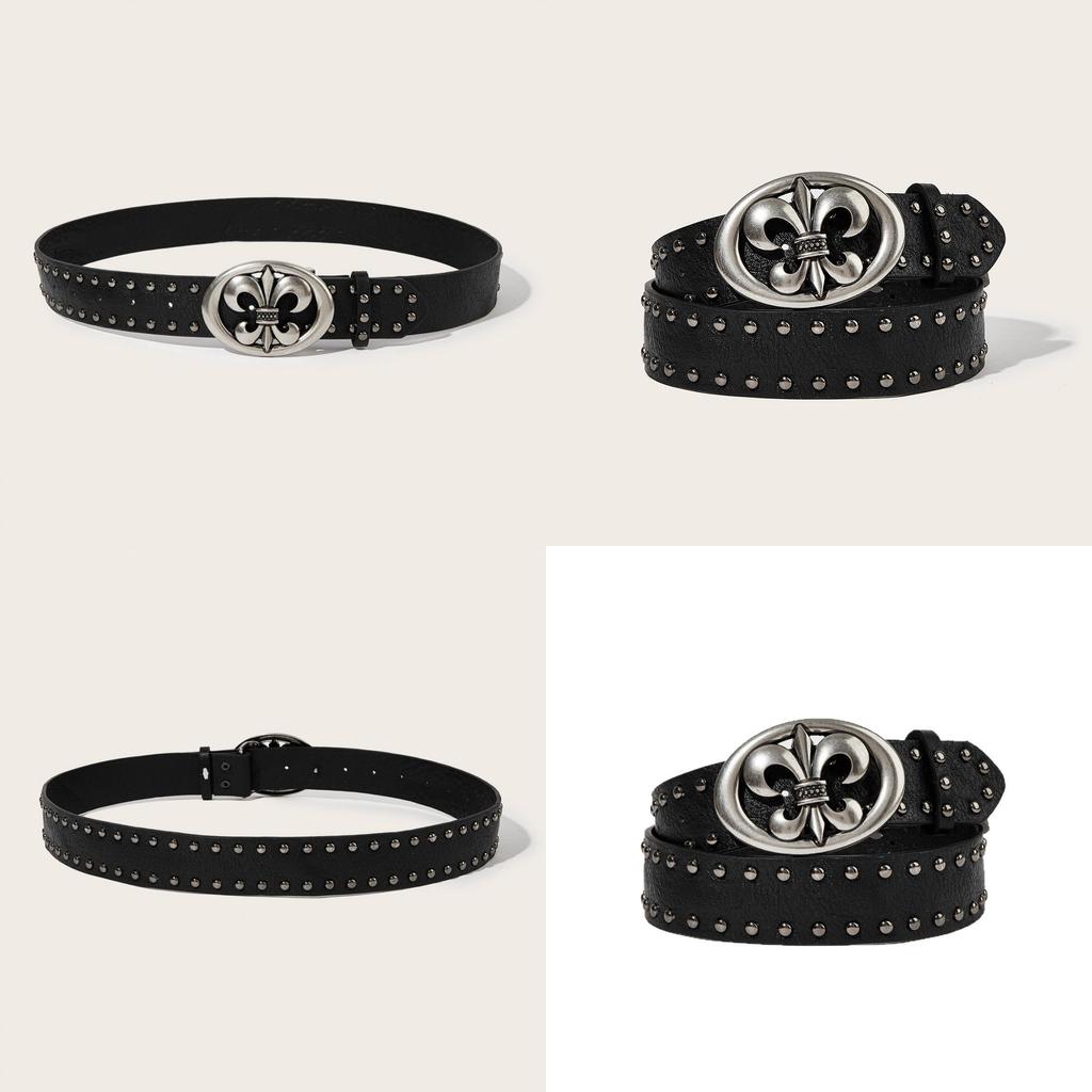 Mens Leather Punk Belt With Petal Motif And Rivet Studs For Casual And Street