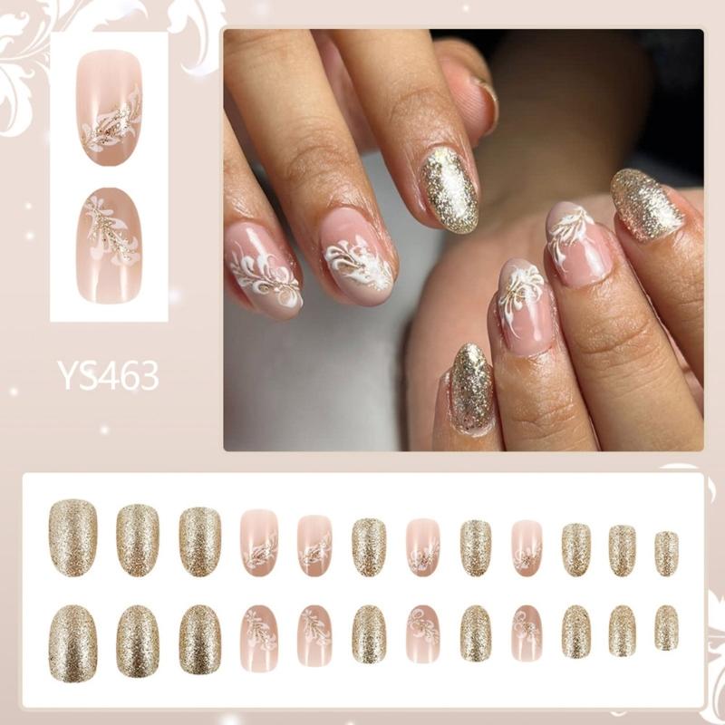 24 Pcs Sweet Flowers False Nail Fashion Artificial Nail Glittering Full Cover Stick on Nail Short Oval Press On Nail