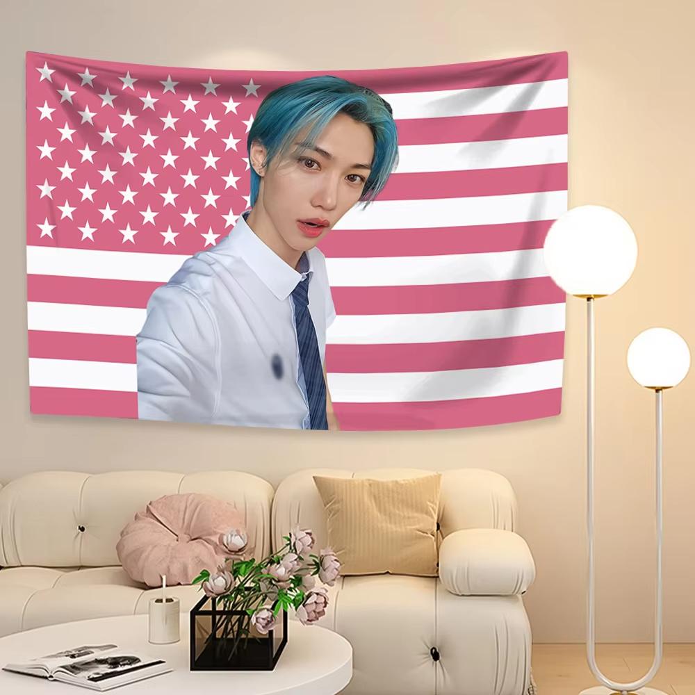 2025 Kpop Boy Group Member Felixs Tapestry American Flag Background Korean Idol Home Decor Wall Hanging Covering Concert Banner