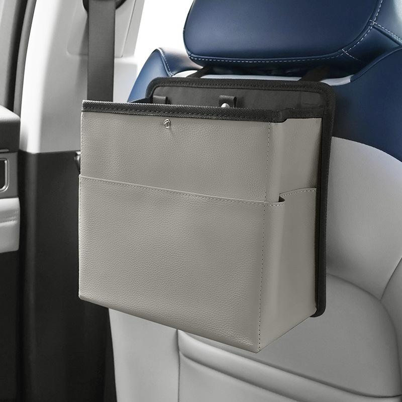 Car Trash Bin Leather Auto Front Passenger Seat Hanging Garbage Storage Organizer Seat Back Phone Tissue Pockets Accessories