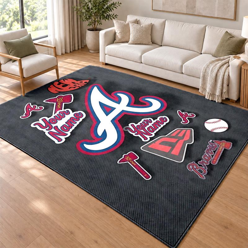 Atlanta Braves Custom Name Personalized Rug Non‑Slip Doormat Floor Carpet Housewarming Birthday Gift for Family Friends