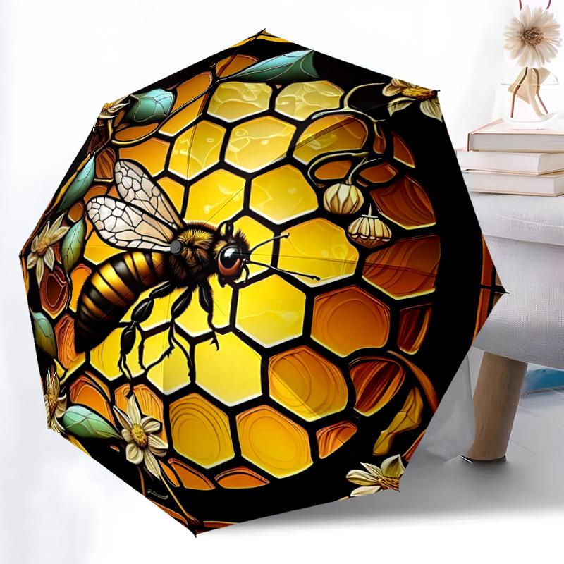 1pc Bee Honeycomb Automatic Folding Umbrella Compact Lightweight Travel Umbrella with 8-Rib Sturdy Frame, Windproof & Self031