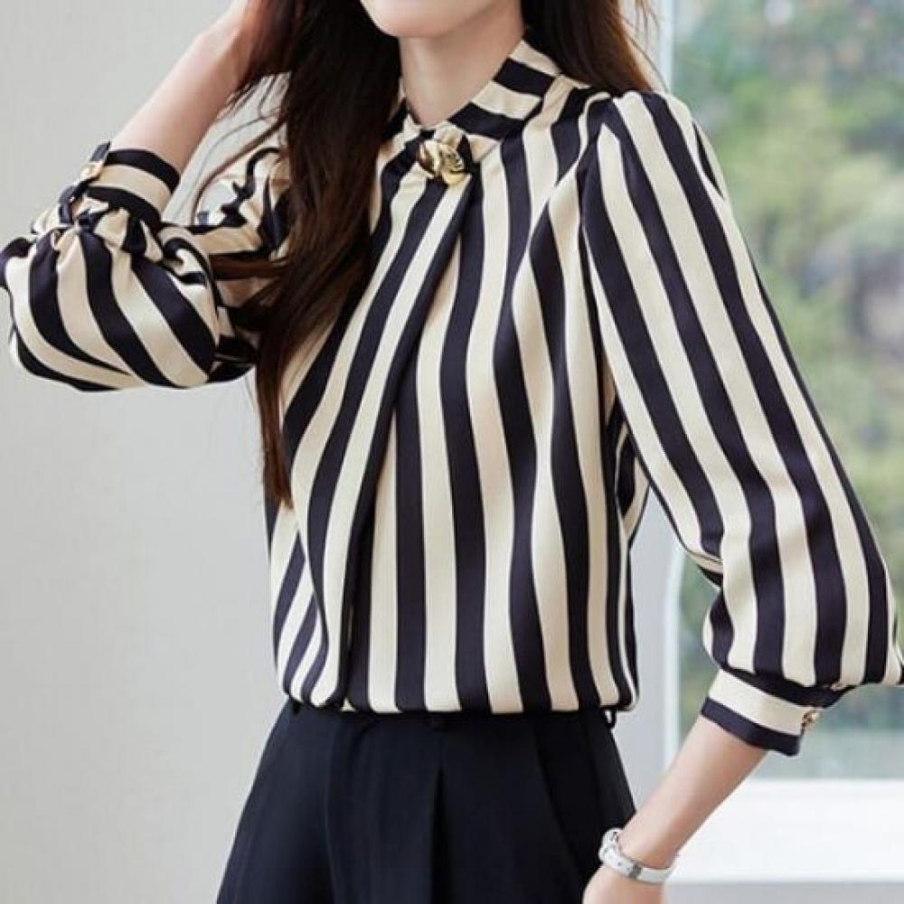 Navava Women Vintage Stripe Stand Collar Long Sleeve Blouse Nb3003