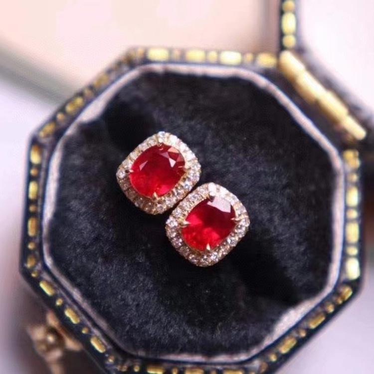 Elegant Gold-Plated Sterling Silver Earrings with Pomegranate Red and White Diamonds