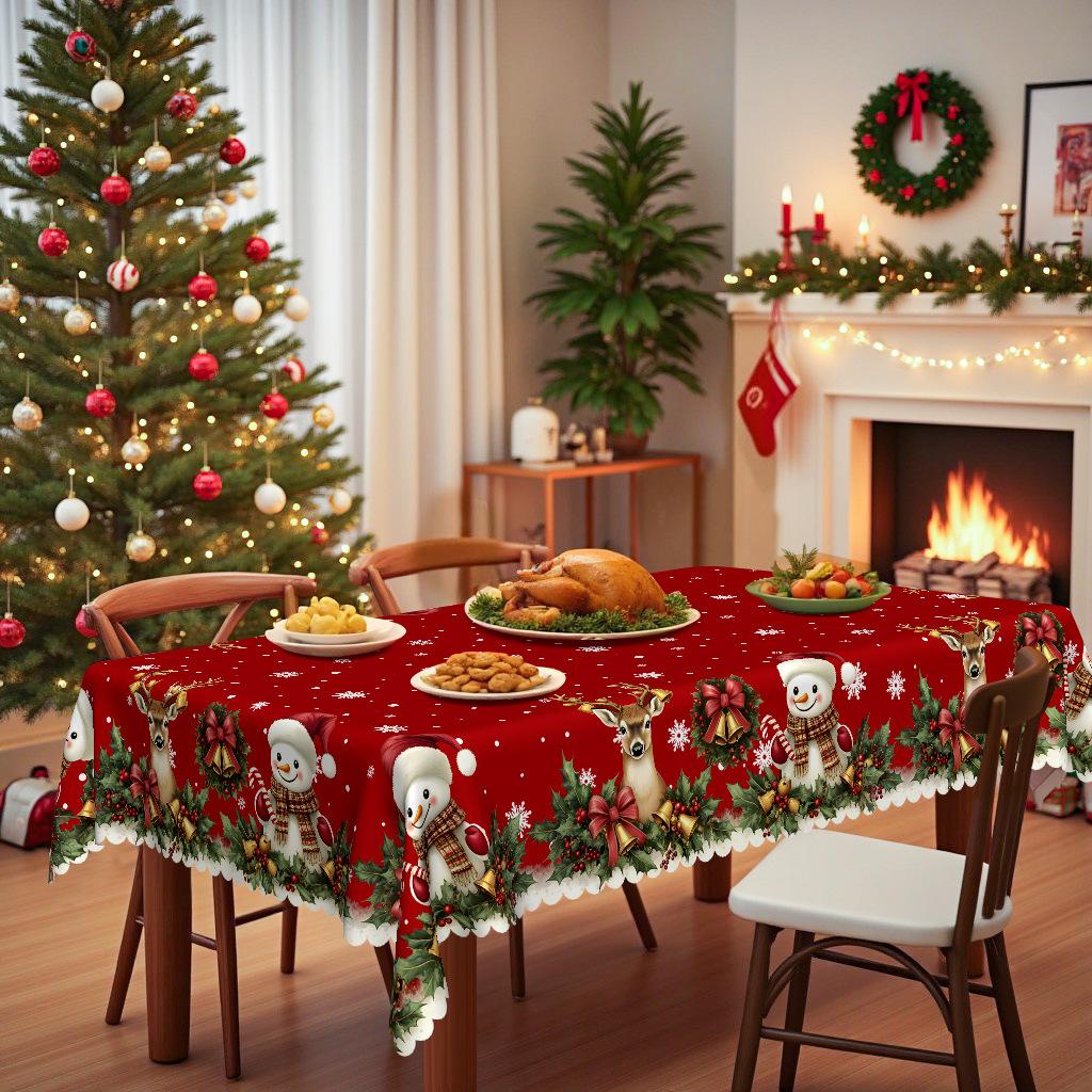 Christmas-Themed Tablecloth, Table Arrangement, Snowman Reindeer Bell Pattern, Waterproof Leave-In, Festive Atmosphere Creation