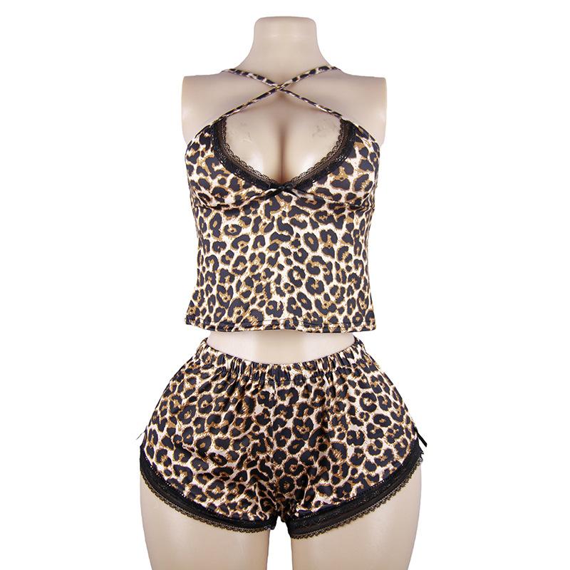 Night concubine sexy underwear leopard print top shorts temptation female flirting source S