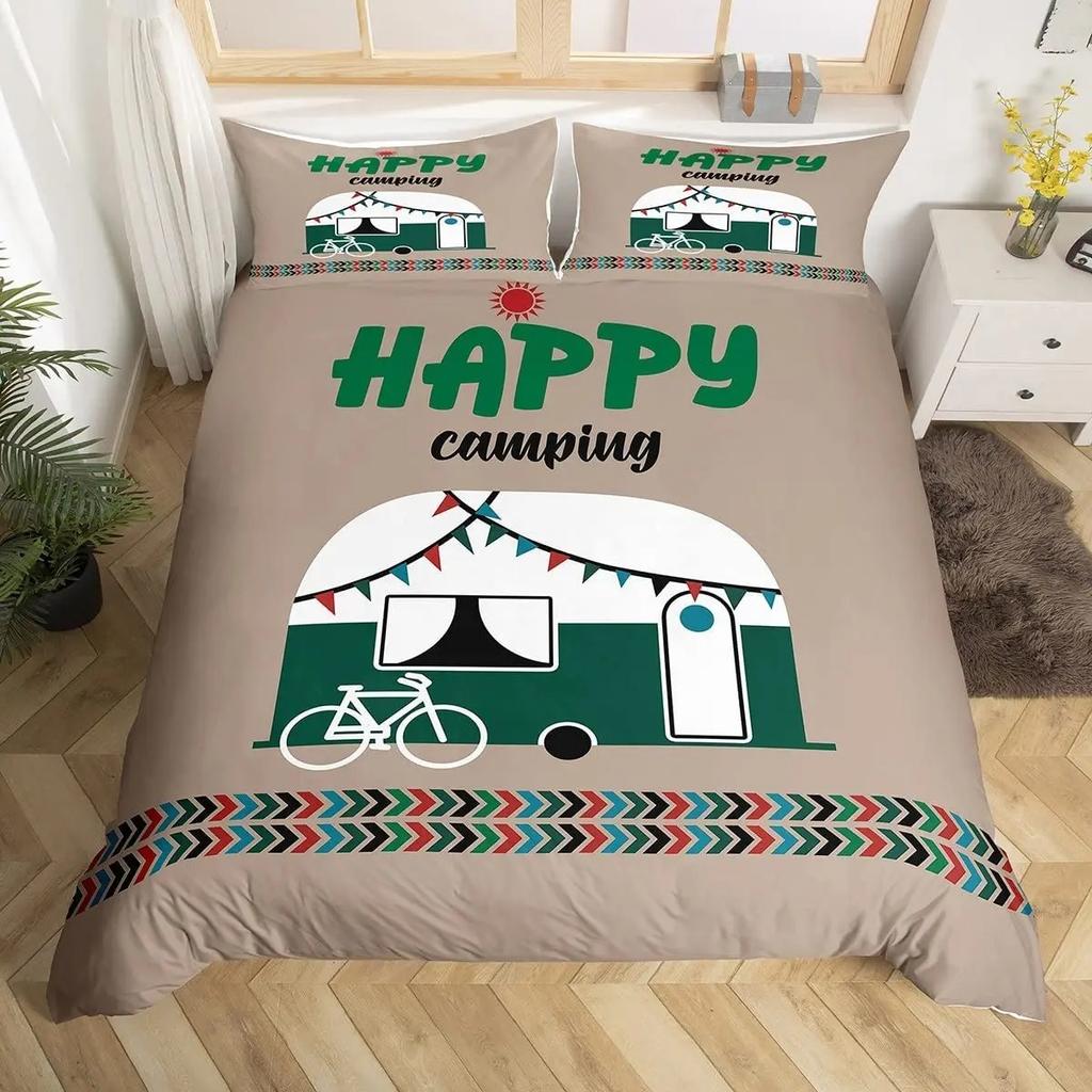 Hapy Camping Soft Duvet Cover Rustic Farmhouse Camper RV Beding Set King Stary Night Warm Comforter Cover Adventure Theme Comfortable Quilt Cover
