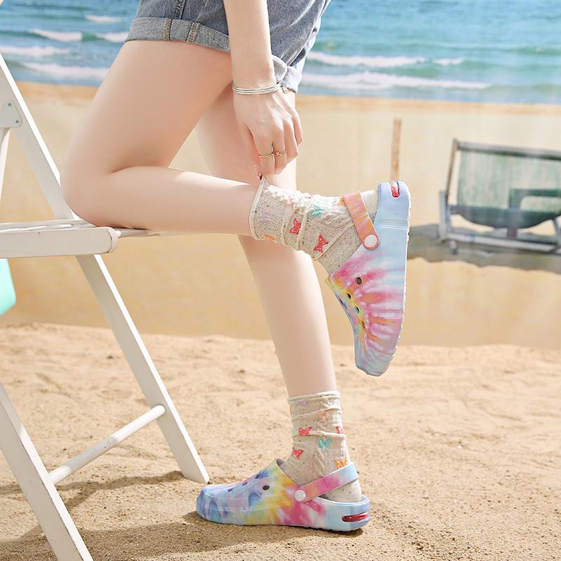 Summer Men's & Women's Sandals Tie-Dye Pattern Clogs Slip On Lightweight Two-Way Wear Garden Clogs Non-Slip Beach Slides