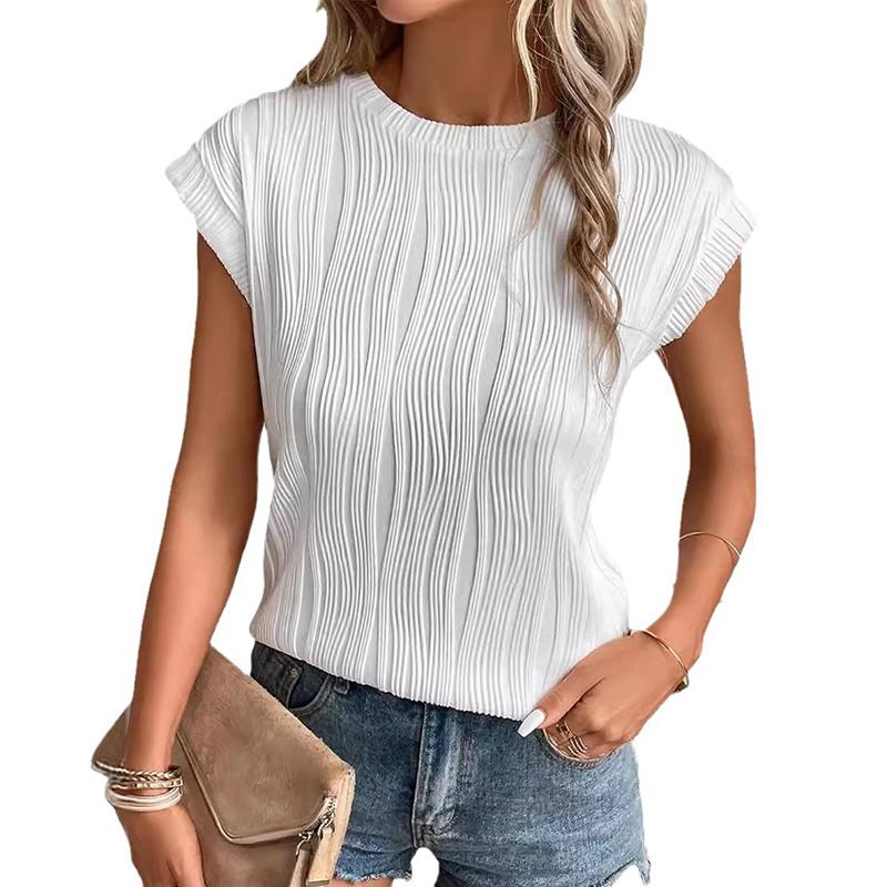 Crew Neck Short Sleeve for Women Summer Pleated Print Solid Short Sleeve Casual Fashion T-shirt Breathable Lightweight Comfortable Work Vacation Top