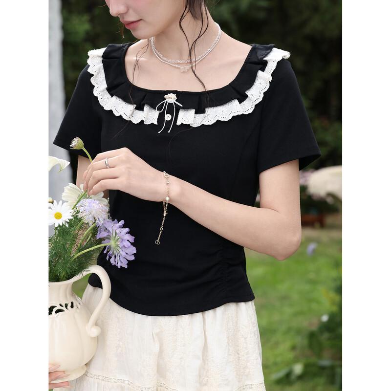 

Women s Elegant Black Lace-Trim Square Neck T-Shirt L