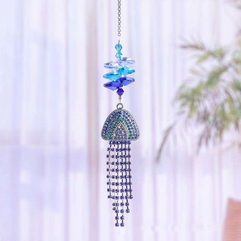 Ocean Theme Suncatchers with Conch Jellyfish Rhinestones Crystal Windchime for Garden Patios or Indoor Window Decors