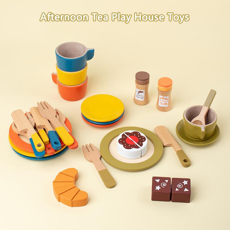Kinderspielzeug Küche Rollenspiel Kochen Essen Brotmesser Teller Kuchen Kaffee Simulation Nachmittagstee-Set Holzspielzeug für Mädchen
