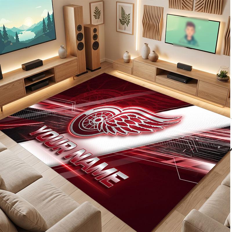 Detroit Red Wings Personalized Crystal Velvet Carpet, Customized Name Text Soft Anti‑Slip Rug for Living Room Bedroom