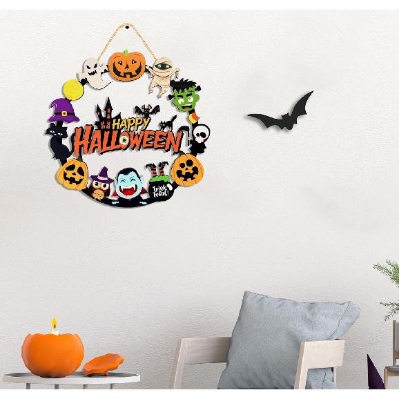 Halloween Decorations Wooden Pumpkin Ghost Door Wreath for Front Door Sign, Cute Happy Halloween Door Hanging Sign Outdoor Indoor Wall Home Decor