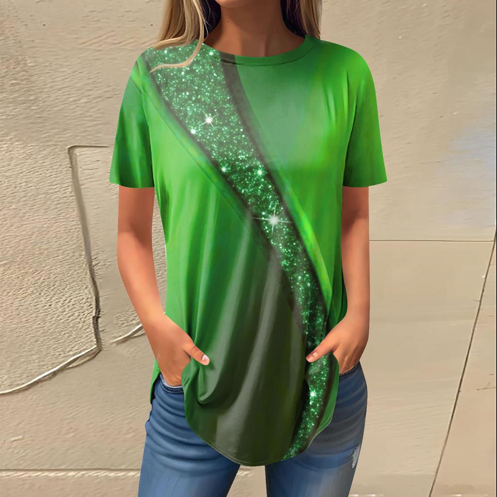 Women's Fashion Casual Round Neck Curve Printed Short Sleeve Pullover T-Shirt Top