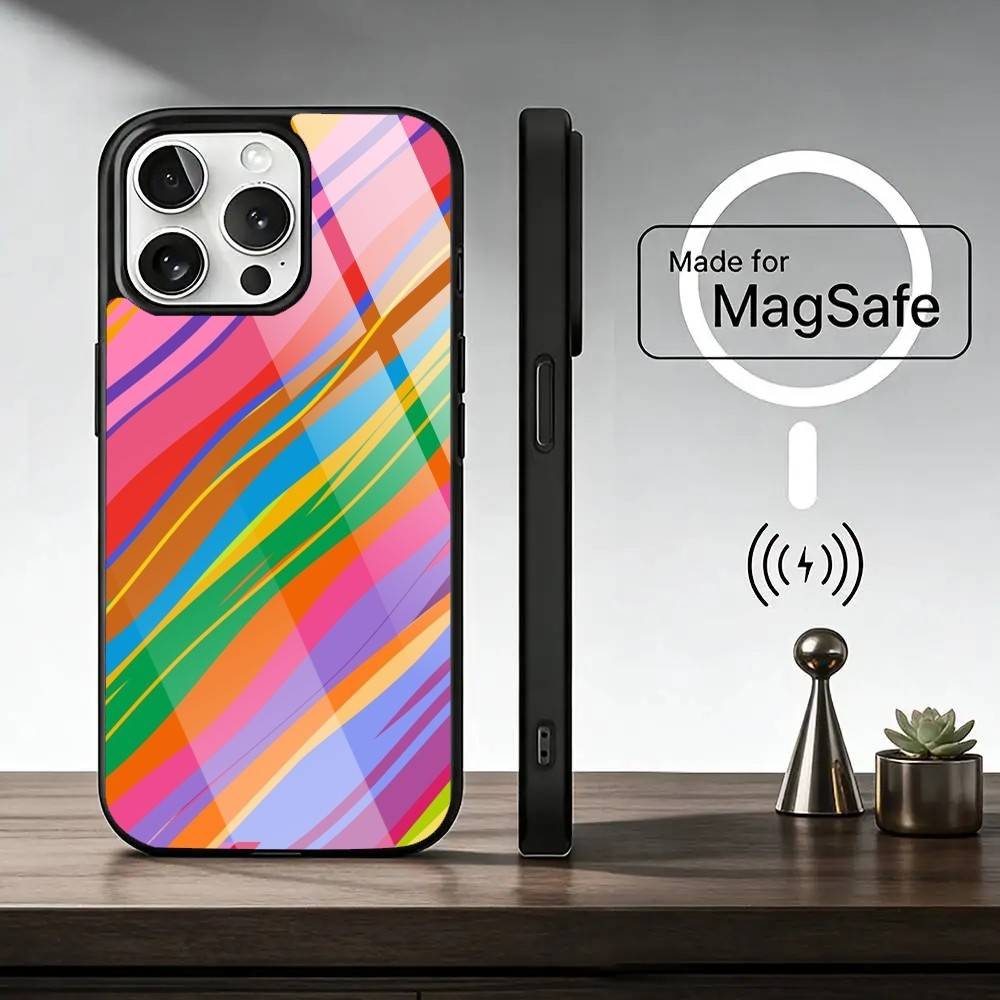 Striped Color Blocking Art Pattern Phone Case For iPhone17,16,15,14,13,12,11 Plus,Pro Magnetic For Magsafe Wireless Charging