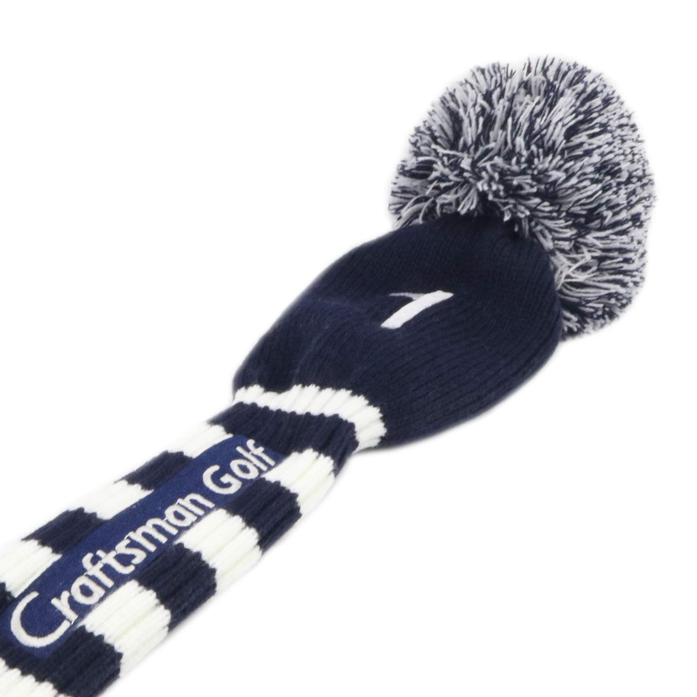 

Craftsman Golf Driver Single Knit Club Cover, #1 Pom-Pom Headcover, Navy/White