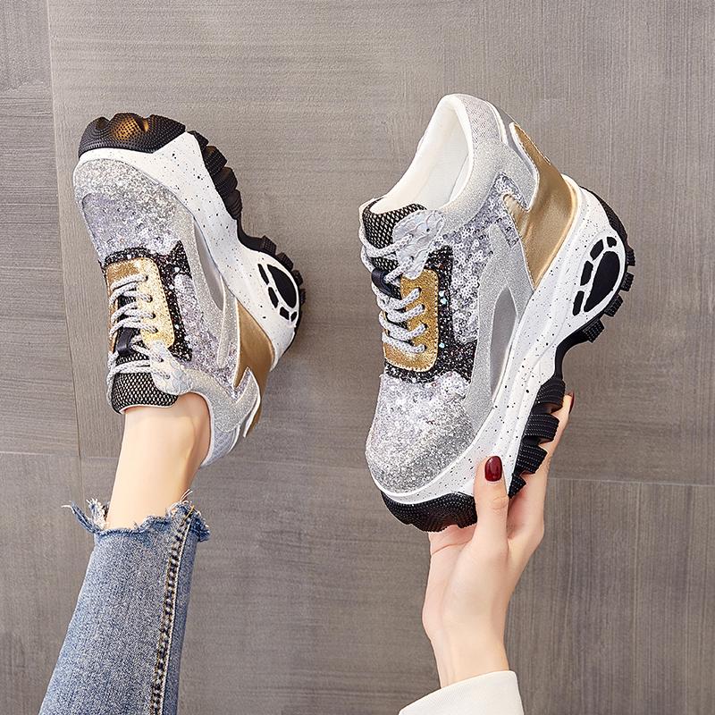 Fashion 12.5cm New Synthetic Women High Brand Designer Shoes Ladies Vulcanize Autumn Spring Mixed Color Bling Breathable Sneakers
