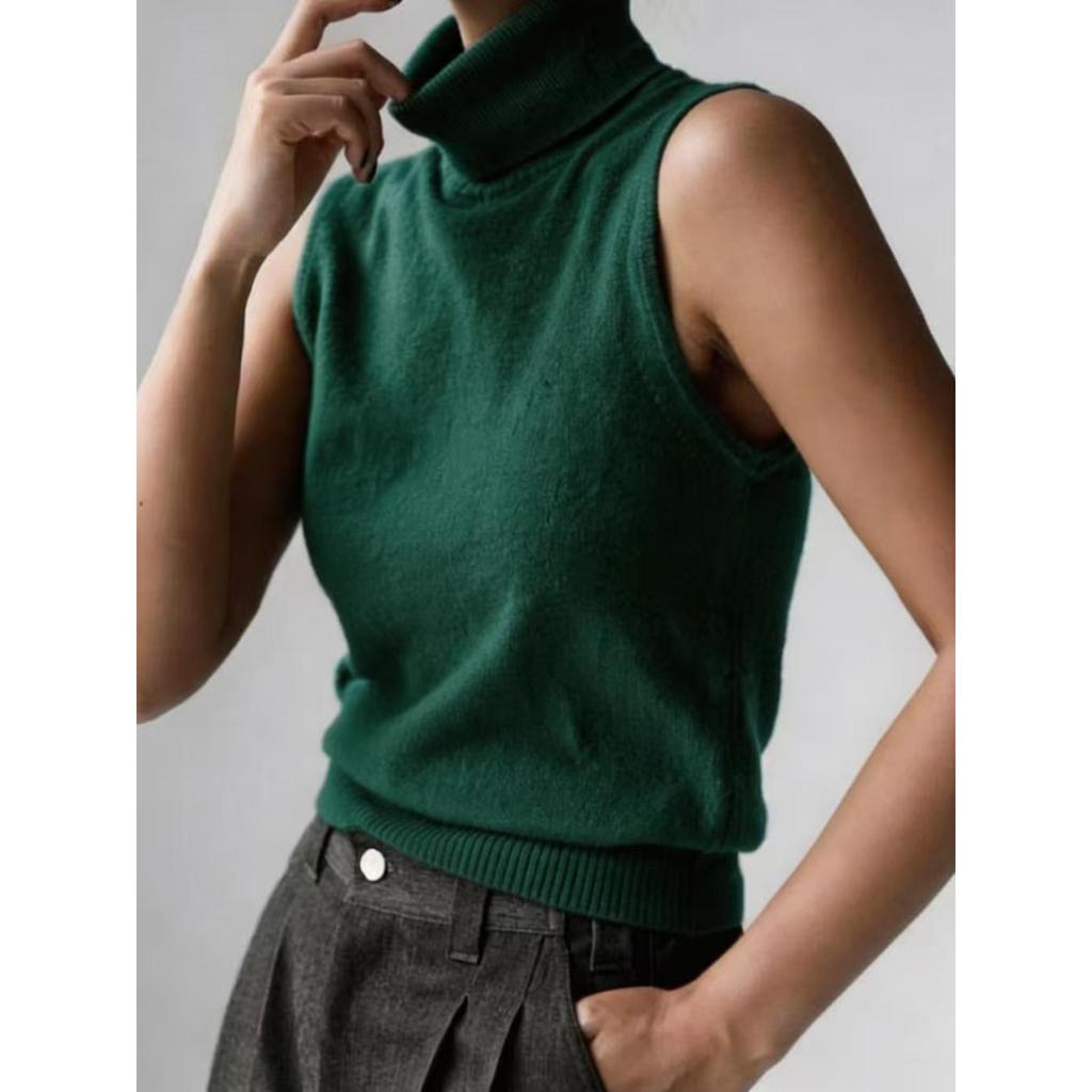 Fall New Women's Sleeveless Knit Tank Top, Simple High Neck Knit Vest Top for Women, European & American Style