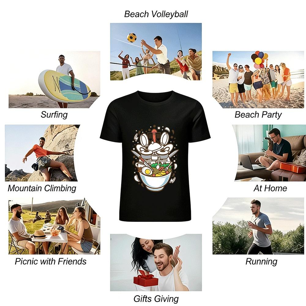 Fun Kitchen Utensils Ramen Print Casual Top Pure Cotton T-shirt