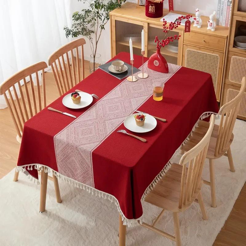 Fashion Vintage Tablecloth Tassel Red Color Jacquard Christmas Table Cloth Tablecloth End Table Mat Polyester Wedding Decoration