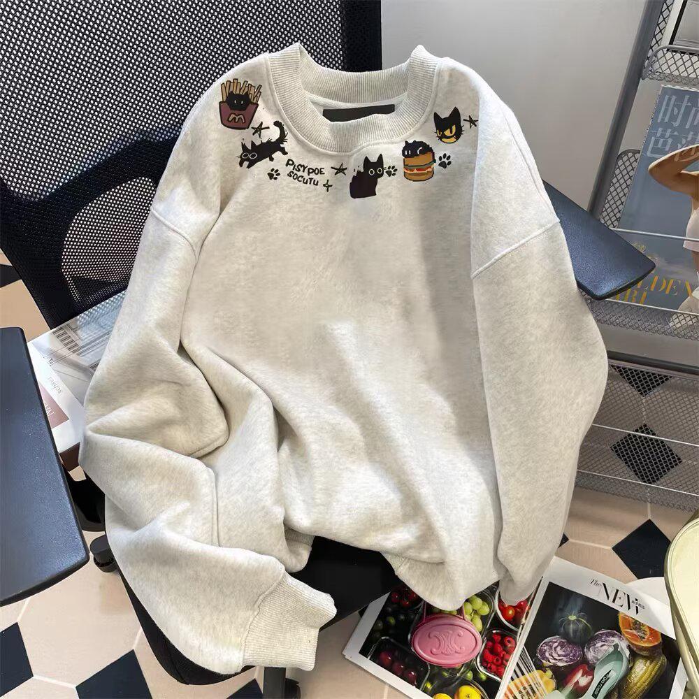 

2025 Autumn/Winter Design Little Cat Print Unisex Crewneck Sweatshirt – Fashionable Long-Sleeve Top M