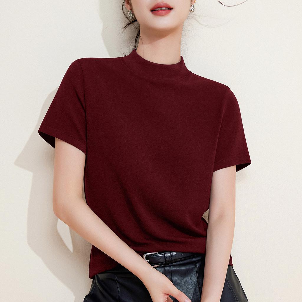 Mid-neck semi-turtleneck slim-fitting slim-fitting short-sleeved bottoming shirt women's top
