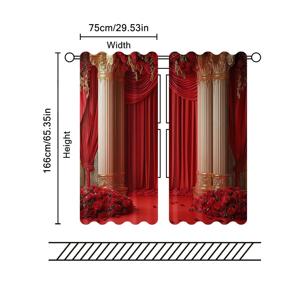 2pc    Spring Popular Curtain Red Flower Wedding Durable 100% Polyester Fabric  Without Electricity Spring Party & Holiday Decor