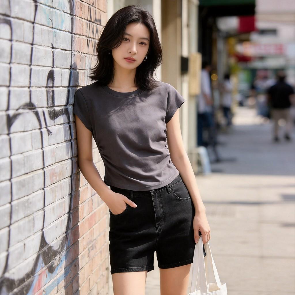 Streetwear Gothic Style T Shirt With Pleated Short Sleeves For Casual Summer Wear