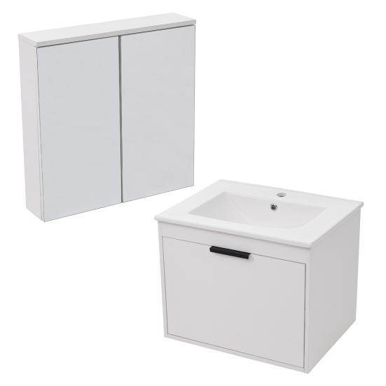 Bathroom Sink Cabinet Ceramic Washbasin Mirror Cabinet Modern White Heavy Duty Easy Assembly Lavatory Wall Mount Basin Vanity Cabinet