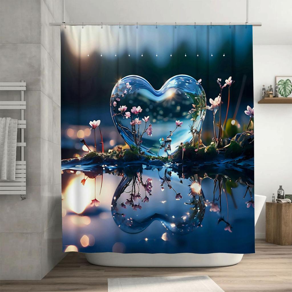 3D Heart Lake Shower Curtain | Romantic and Nature-Inspired Bathroom Decor