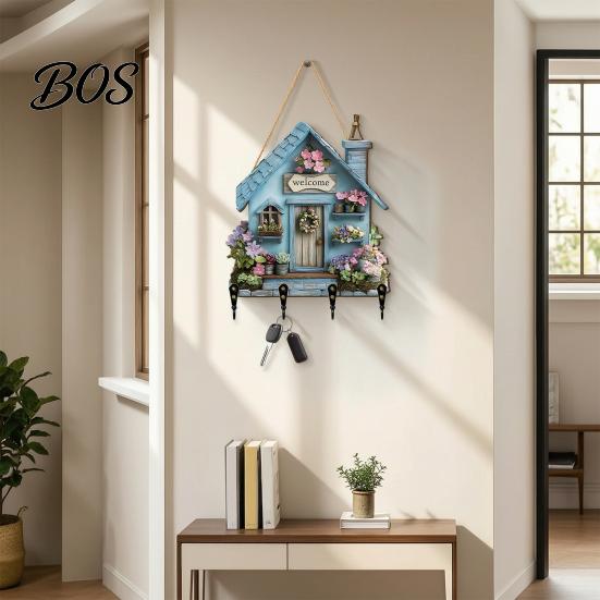 Durable Key Hook Wooden Fairy House Hanging Sign, Cottage Holder Wall Decor with 4 Entryway Storage Hooks, Vintage Flower Rack for Hallway Kitchen