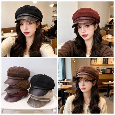 Retro Cowhide Velvet Octagonal Hat Children's Belt Metal Buckle Octagonal Hat Solid Color Versatile Fashion Hat