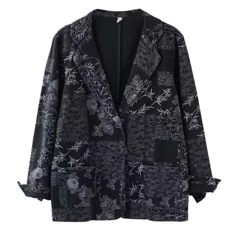 Blazer Imprimé Rétro pour Femmes Veste Courte Fine à Manches Longues Coton Décontracté Ample Manteau Printemps et Automne Commute Version Coréenne Style Harajuku