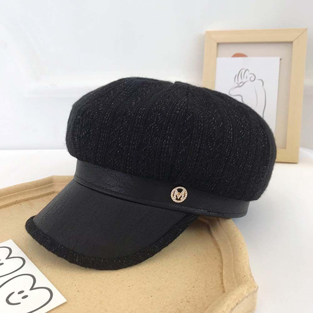Little Fragrant Style British Style Stripe PU Leather Painter Hat Women Berets Korean Style Hat