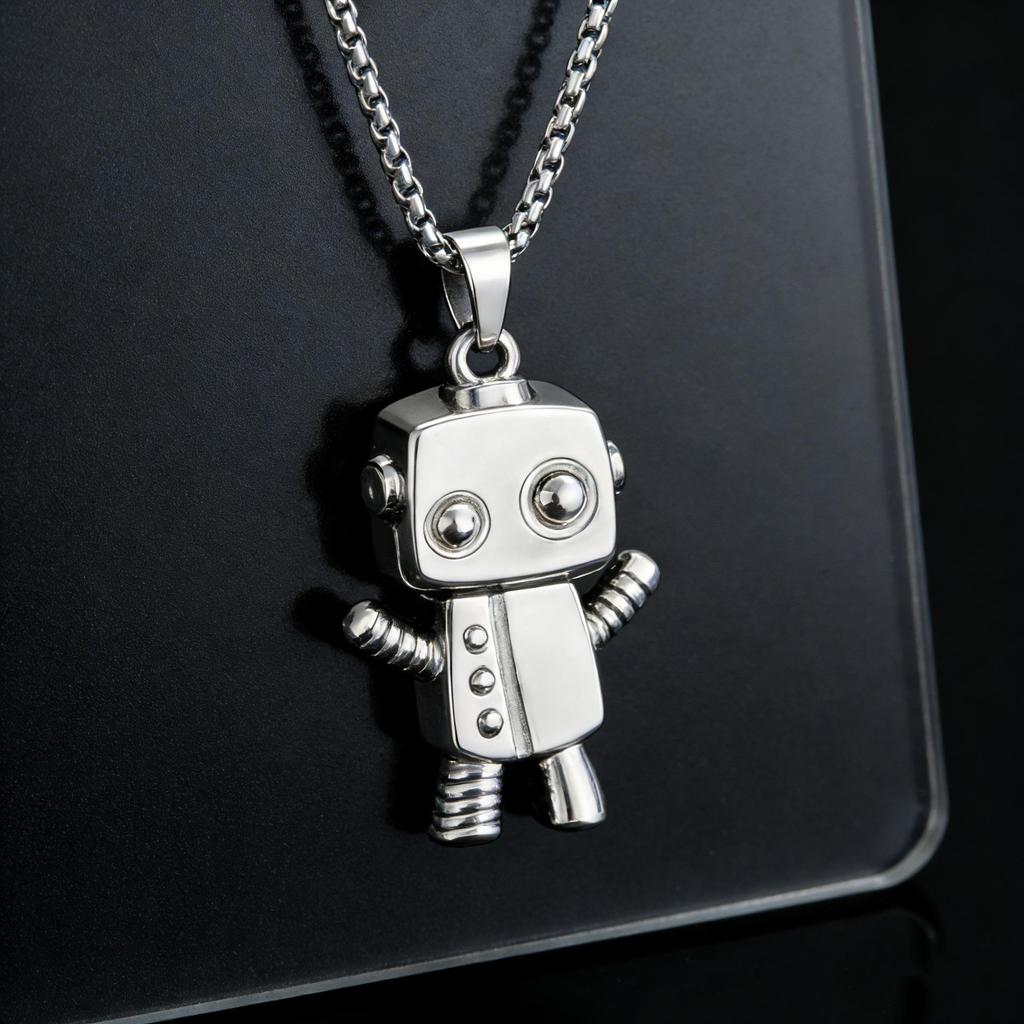 Trendy Hip Hop Robot Pendant Charm Necklace for Men & Women - Stainless Steel Long Sweater Chain