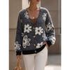V Neck Long Sleeve Flower Pattern Knit Cardigan Sweater