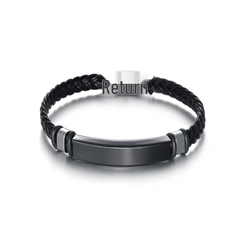 European & American Minimalist Braided Leather Bracelet with Engravable Stainless Steel Plate