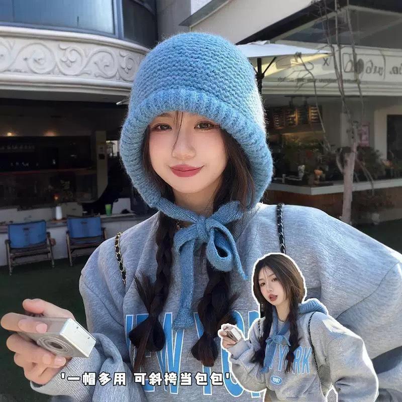 Winter women's plush ear protection warm wool hat retro dual-purpose bag hat street style knitted hat