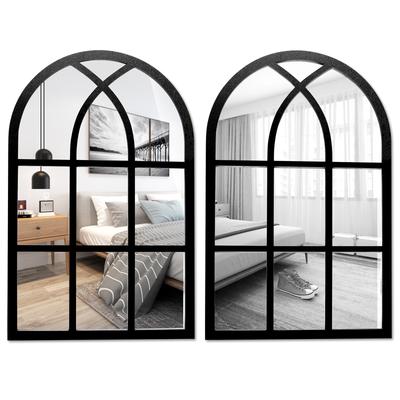 2Pcs Window Wall Mirror Vintage Arched Wall Mirror Acrylic Windowpane Mirror with Wood Frame for Living Room Bedroom Decoration