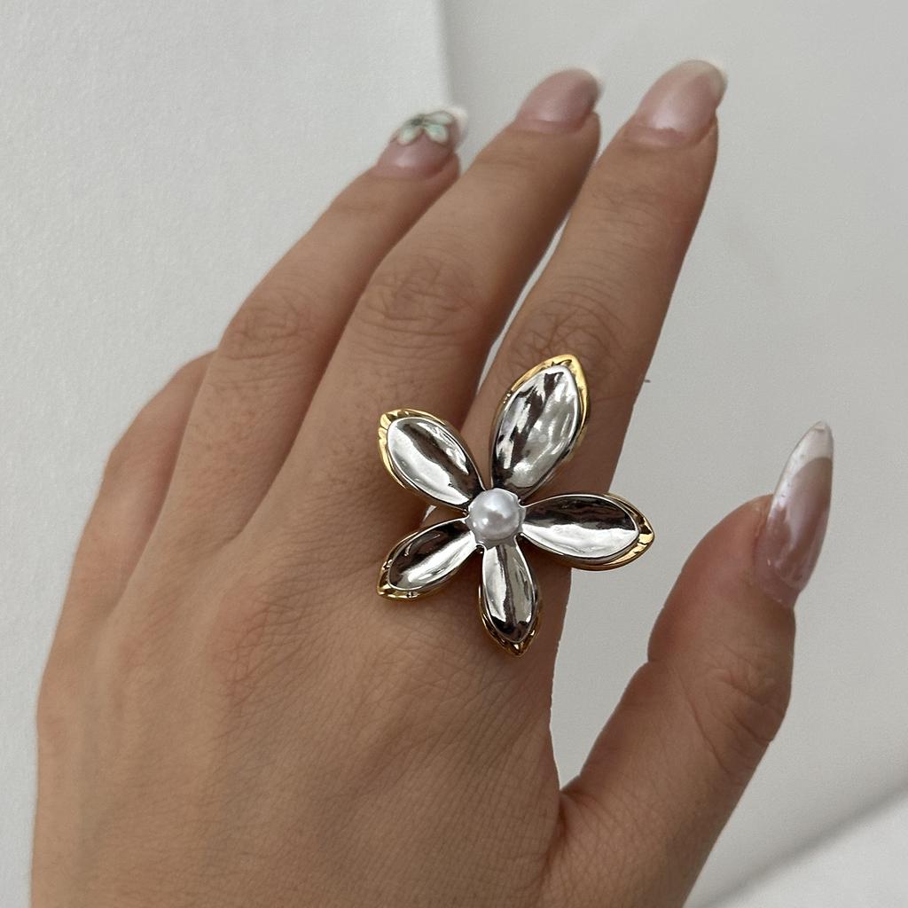 Unique Stainless Steel Pearls Flower Rings for Women Men Punk Hip Hop Geometry Irregular Finger Rings Tarnish Resistant Jewelry