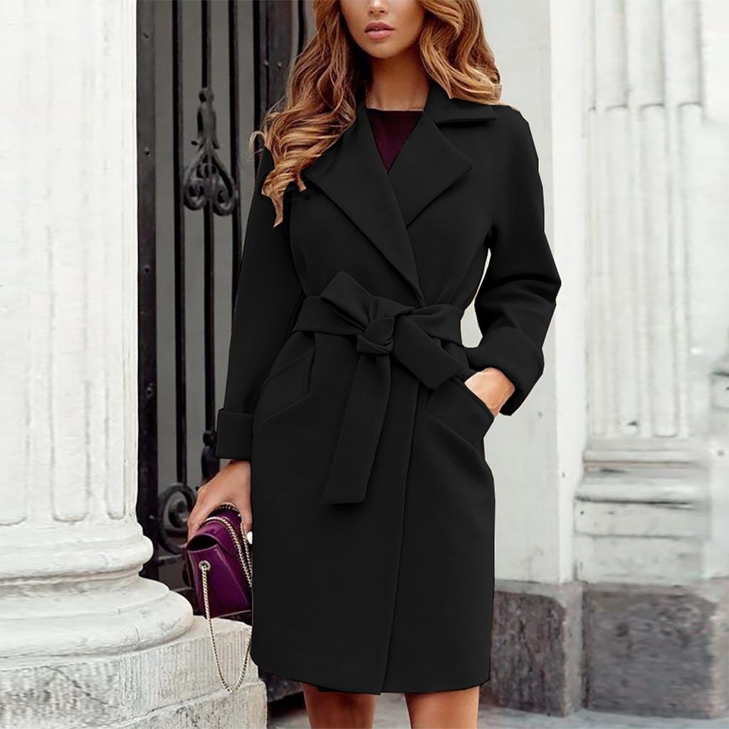 Dámská vlněná móda Slim-fit Pásek Klopa Vlněná kapsa Shacket Flanelová bunda Kabáty