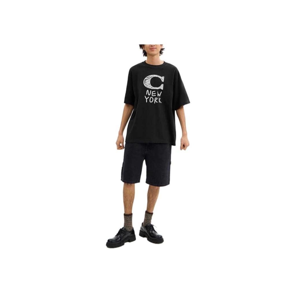 Coach SS24 Letter Print Cotton Crew Neck Short Sleeve T-Shirt Men Tops Black CM820-BLK