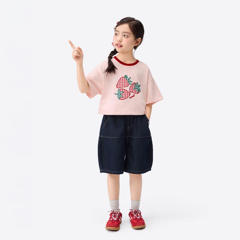 Girls' Color-Block Strawberry Print Cotton T-Shirt