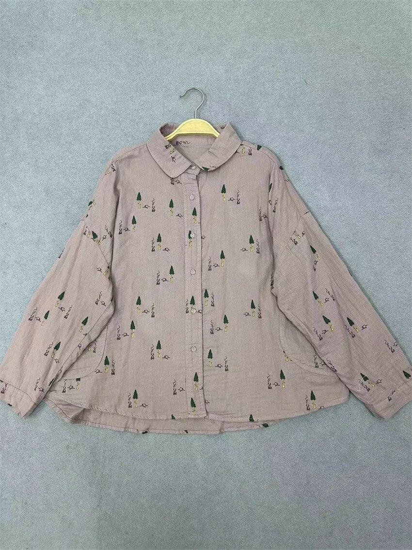 

Johnature с лацканами, хлопковая повседневная свободная рубашка с длинными рукавами, женские весенние свободные простые женские блузки с корейским принтом One Size светло-фиолетовый