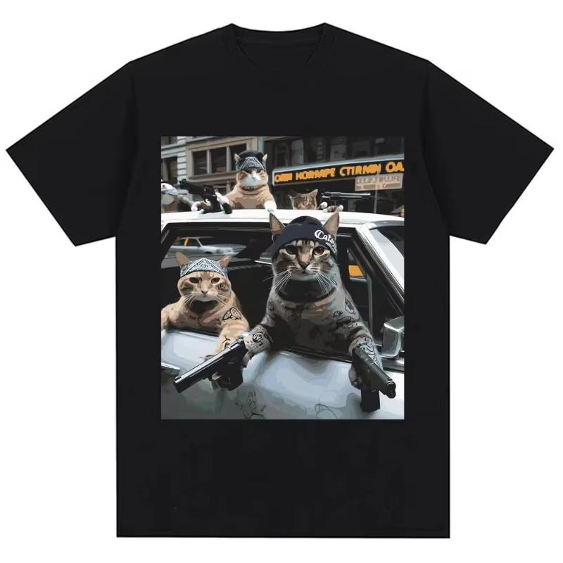 Funny Cat Gang Graphic T Shirt Vintage Novelty Trend Men Women Short Sleeve Oversized Cotton Casual Tee Shirts Streetwear Shirt