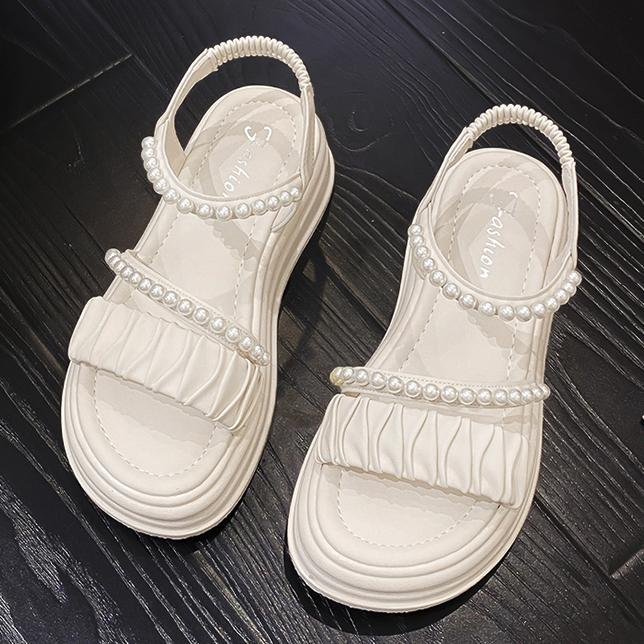 Taoffen Casual Sandals For Women Breathable Exposed Toes Pearl Sandals Lightweight Soft Elastic Band Thick Sole Height Increasing Shoes