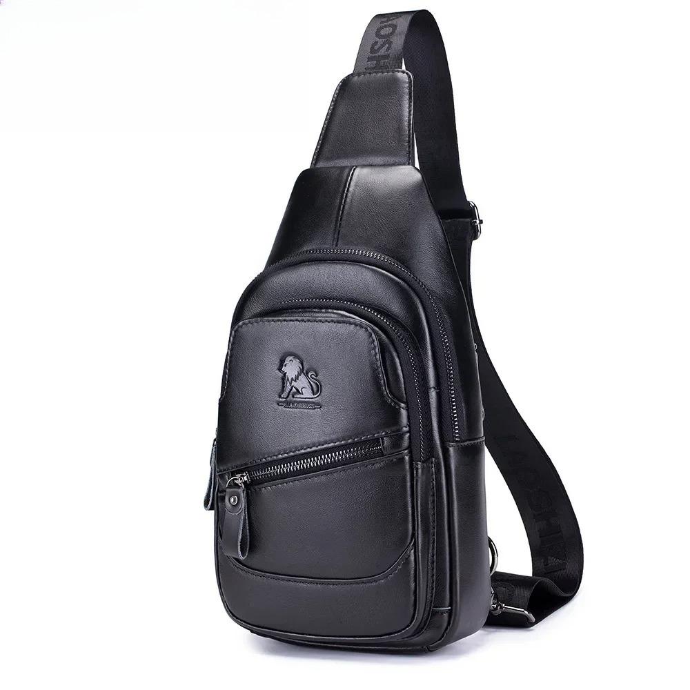 

New Men s Leather Bag Large Capacity Shoulder Bag 100% Genuine Leather Luxury Designer Chest Bag with USB Travel Side Backpack чорний